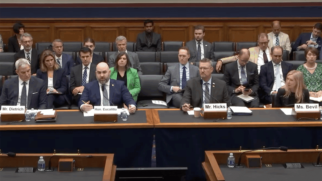 Testifying at the “America Builds: Improving the Efficiency and Effectiveness of Federal Rail Assistance” hearing on May 6 were (left to right): Matthew Dietrich, Ohio Rail Development Commission; Garrett Eucalitto, Connecticut DOT, on behalf of AASHTO; Kevin Hicks, TranSystems, on behalf of NRC; and Kristin Bevil, Pinsly Railroad Company, on behalf of ASLRRA. (Screen Grab from House Rail Subcommittee Hearing Video)